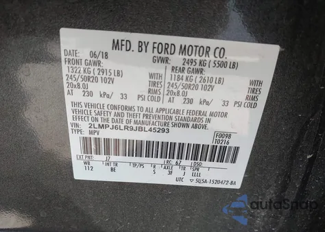 2018 Lincoln Mkx Reserve z USA, uszkodzony, nr VIN 2LMPJ6LR9JBL45293